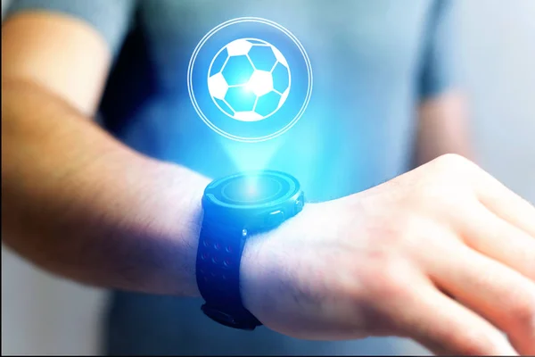 Fotboll bollen ikonen över enhet - Sport och teknologi koncept — Stockfoto