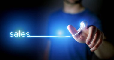 Adam bir teknoloji arabirim üzerinde gidiş sona ok dokunmadan kavramı