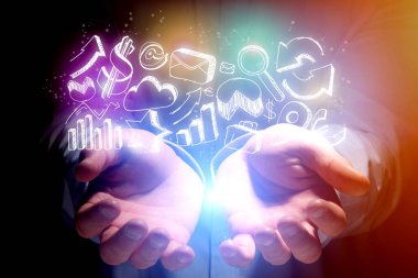 İş kavramı el çekilmiş simgesi adamın elini - Tech uçan