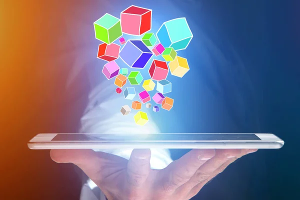 Cubo de dados coloridos saindo de um smartphone - Conceito de tecnologia — Fotografia de Stock
