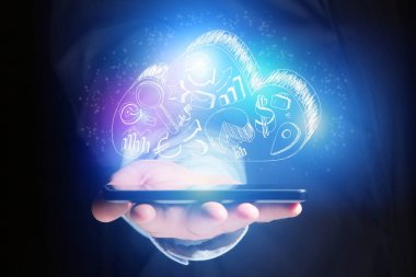 Bir akıllı telefon - technolo uçan bulut depolama simgesini kavramı