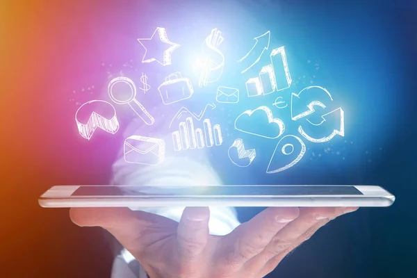 Üzleti koncepciót kézzel rajzolt icon repül ki egy tabletta - Techno — Stock Fotó