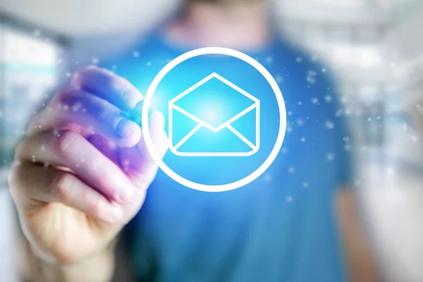 Homem desenhando um ícone de e-mail em uma interface futurista Tecnologia — Fotografia de Stock