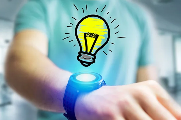 Icono de lámpara bombilla dibujada a mano que sale de una interfaz smartwatch de un — Foto de Stock