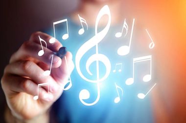 Concept of writting  music on a device - Technology concept clipart