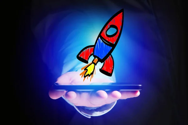 Ikona ruky nakreslené barevné rakety na futuristické ětluje — Stock fotografie