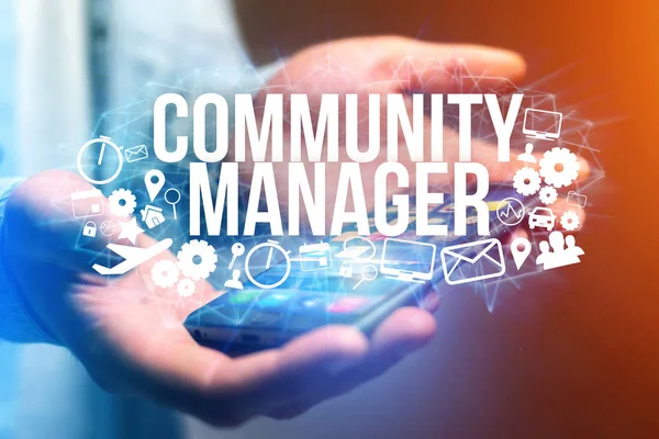 Título del community manager e iconos multimedia — Foto de Stock