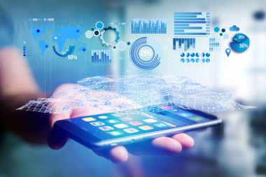 Grafik ve grafik üzerinde bir futuristik Inte olarak gösterilen iş istatistikleri