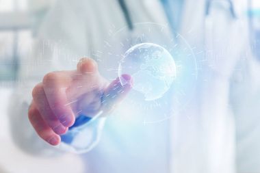 Küre üzerinde futuristik bir arayüze görüntülenen planet Earth