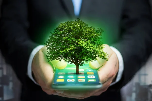 Grüner Baum geht aus dem Smartphone - ökologisches Konzept — Stockfoto