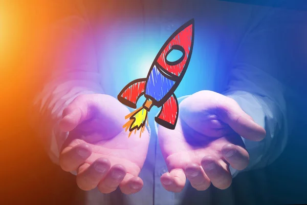 Hand drawn colorful rocket icon displayed on a futuristic interf