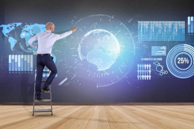 İş futuristik bir arayüze yazma işadamı