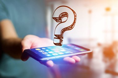 El çekilmiş bir smartphone arabirimi o olacak soru işareti simgesi