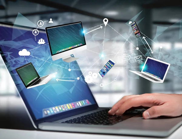 Computer and devices displayed on a futuristic interface with in — Stock Photo, Image