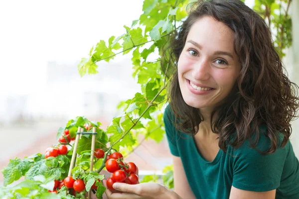 Frau kümmert sich um Pflanze — Stockfoto