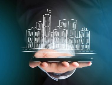 Fütüristik bir arabirim üzerinde görüntülenen el çizilmiş şehir merkezi 