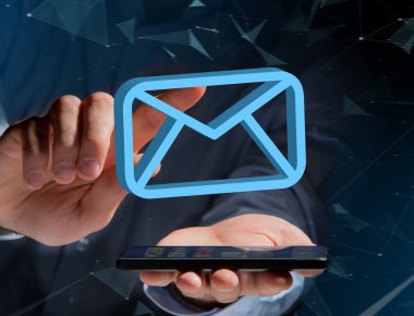 Fütüristik bir arabirim üzerinde görüntülenen mavi e-posta simgesi