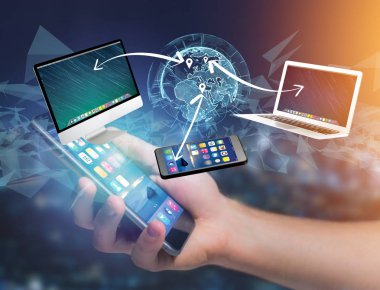 Bilgisayar ve fütüristik bir arabirim üzerinde gösterilen aygıtlar