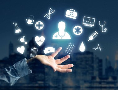 Medecine ve genel sağlık simgesi görüntülenen bir teknoloji üzerinde ben