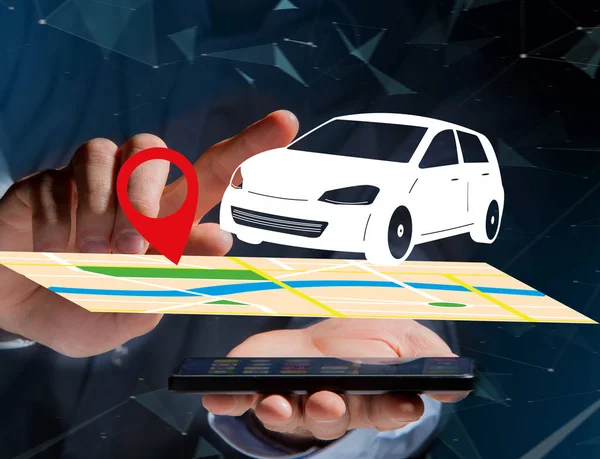 Coche en un mapa con un pin titular - GPS y el concepto de localización —  Fotos de Stock