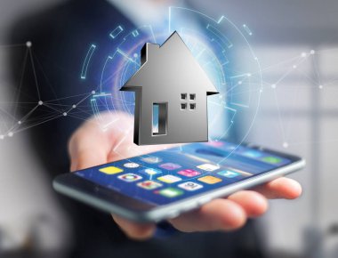 Bir futuristik bir arayüze - 3d ren üzerinde görüntülenen parlak gümüş evi