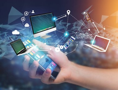 Bilgisayarı ve aygıtları ile fütüristik bir arabiriminde görüntülenen