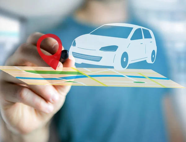 Auto op de kaart met een pin houder - Gps en lokalisatie concept — Stockfoto