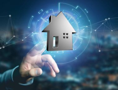 Bir futuristik bir arayüze - 3d ren üzerinde görüntülenen parlak gümüş evi