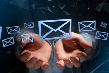 Mavi bir renk arka plan üzerinde - 3d render görüntülenen e-posta simgesi