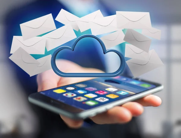 Niebieski chmura otoczony realistyczne koperty wiadomości e-mail wyświetlane na — Zdjęcie stockowe