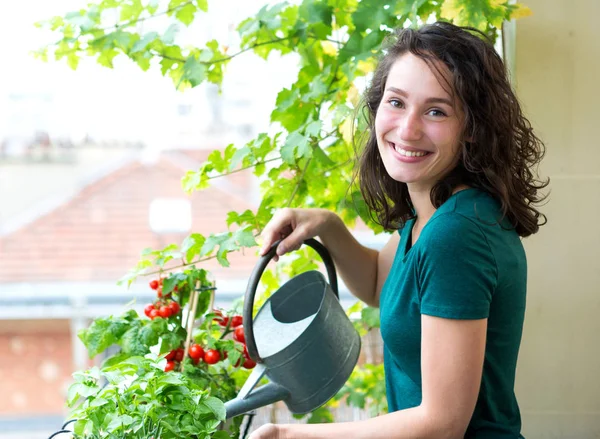 Junge Frau gießt Tomaten auf ihrem städtischen Balkongarten — Stockfoto