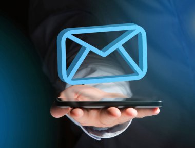 Fütüristik bir arabirim üzerinde görüntülenen mavi e-posta simgesi 
