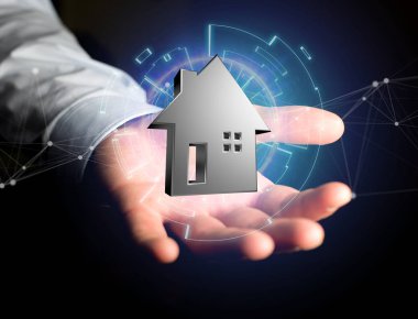 Fütüristik bir arabirim üzerinde görüntülenen parlak gümüş evi 