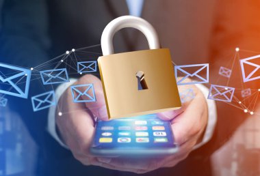 Asma kilit güvenlik bağlantı üzerinde bir renk arka plan - 3d izole 