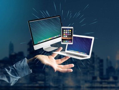 Bilgisayar ve bu futuristik bir arabirim üstünde gösterilen aygıtlar