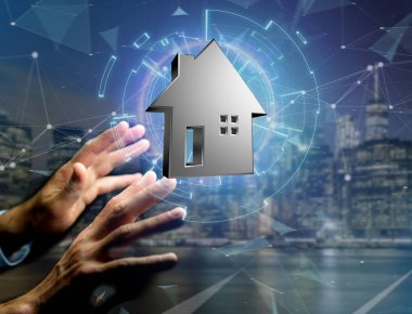 Bir futuristik bir arayüze - 3d ren üzerinde görüntülenen parlak gümüş evi