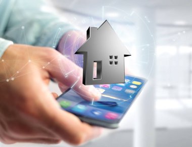 Bir futuristik bir arayüze - 3d ren üzerinde görüntülenen parlak gümüş evi