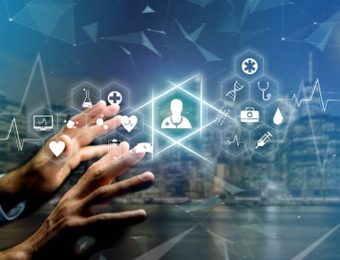 Medecine ve genel sağlık simgesi görüntülenen bir teknoloji üzerinde ben