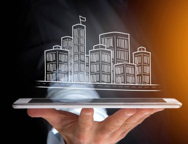 Şehir merkezine bir futuristik bir arayüze üzerinde - Tra görüntülenen el çekilmiş