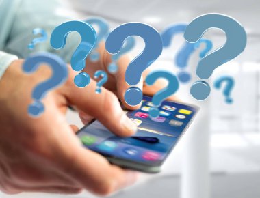 Mavi soru işareti futuristik bir arayüze - 3d üzerinde görüntülenen parçalamak