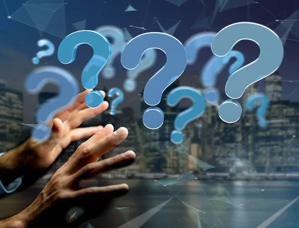 Blue question mark displayed on a futuristic interface - 3d rend