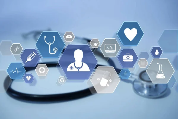 Medecine och allmän hälso-och ikon visas på en medicinsk integre — Stockfoto