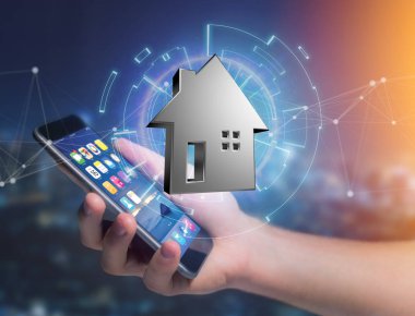 Bir futuristik bir arayüze - 3d ren üzerinde görüntülenen parlak gümüş evi