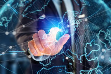 Fütüristik bir arabirim üzerinde görüntülenen teknoloji ağ Dünya Haritası