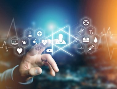 Medecine ve genel sağlık simgesi görüntülenen bir teknoloji üzerinde ben