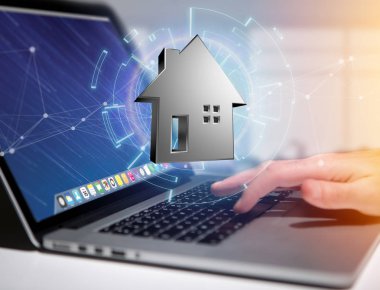 Bir futuristik bir arayüze - 3d ren üzerinde görüntülenen parlak gümüş evi