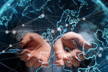 Fütüristik bir arabirim üzerinde görüntülenen teknoloji ağ Dünya Haritası