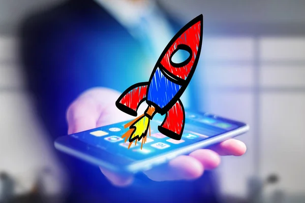 未来 interf に表示される手カラフルなロケットが描かれたアイコン — ストック写真