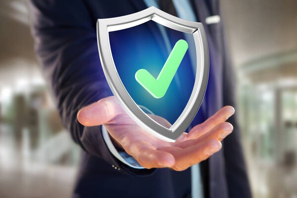 Shield symbol displayed on a futuristic interface - 3d rendering