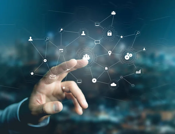 Man pointing at network connection icons — Stock Photo, Image